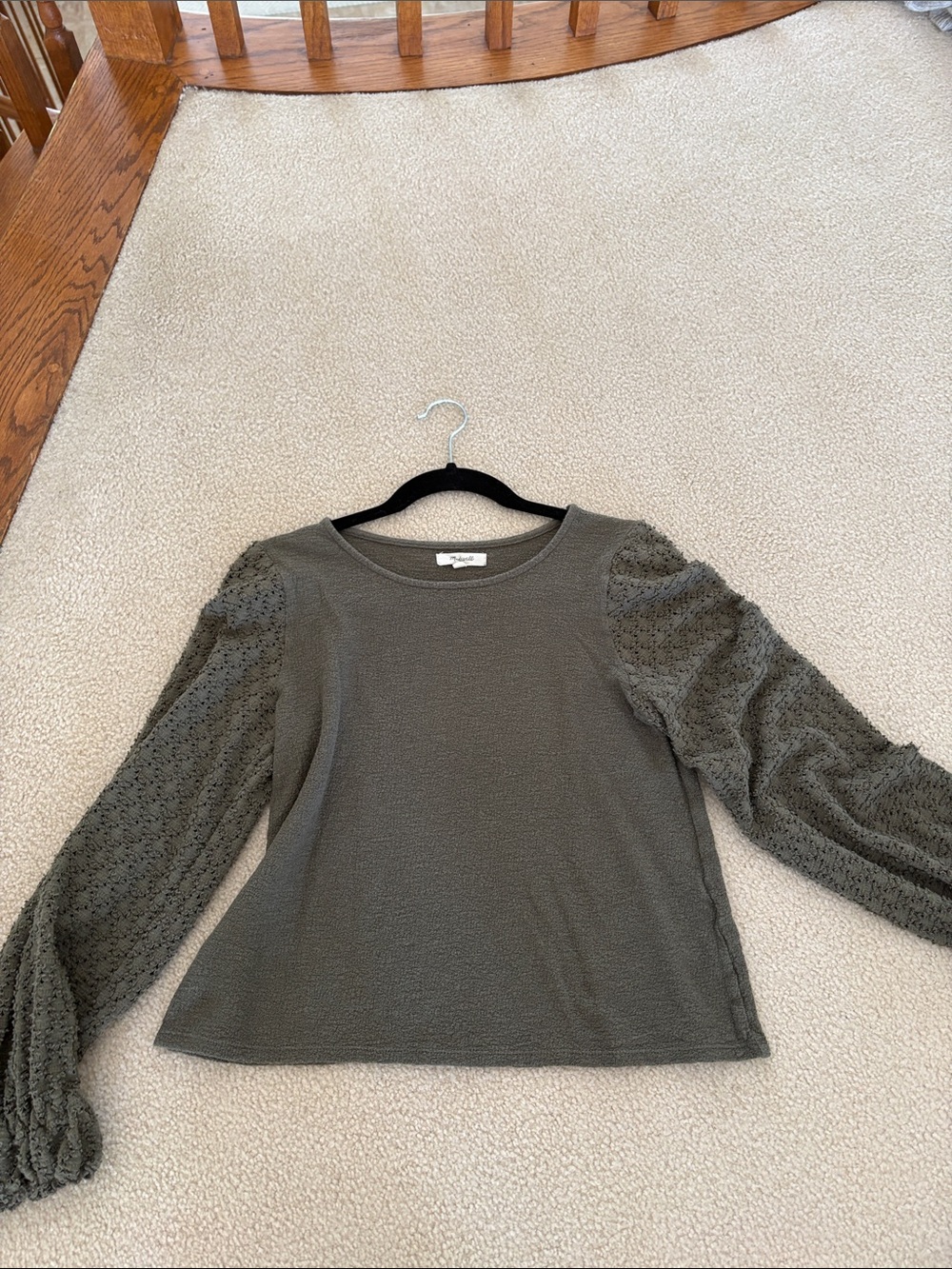 Madewell Olive Green Textured Top with Lace-Style Puff Sleeves